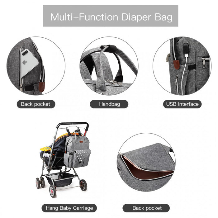 E1945 - Kono Polka Dot Maternity Backpack Bag With Usb Connectivity - Grey