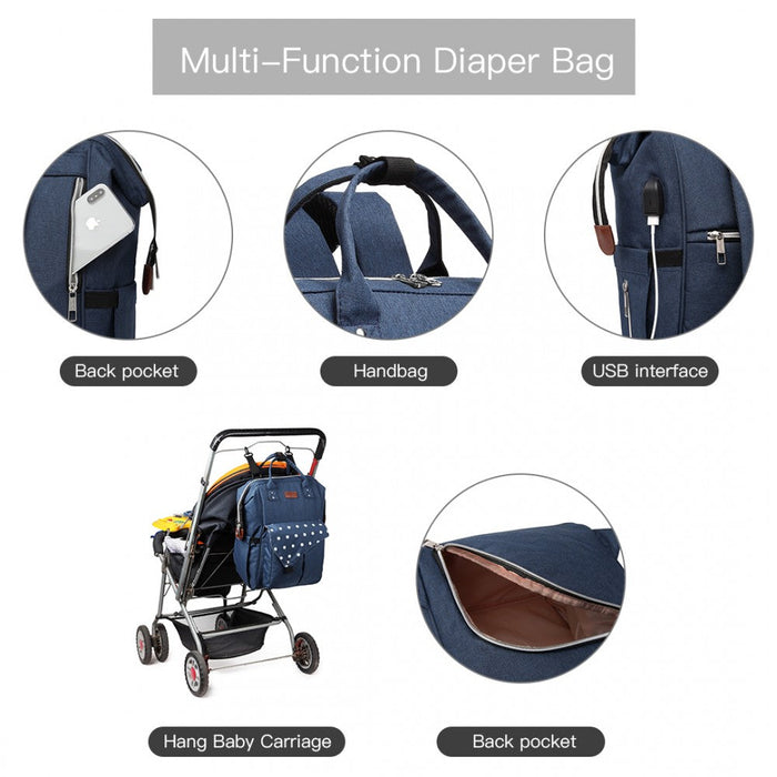 E1945 - Kono Polka Dot Maternity Backpack Bag With Usb Connectivity - Navy