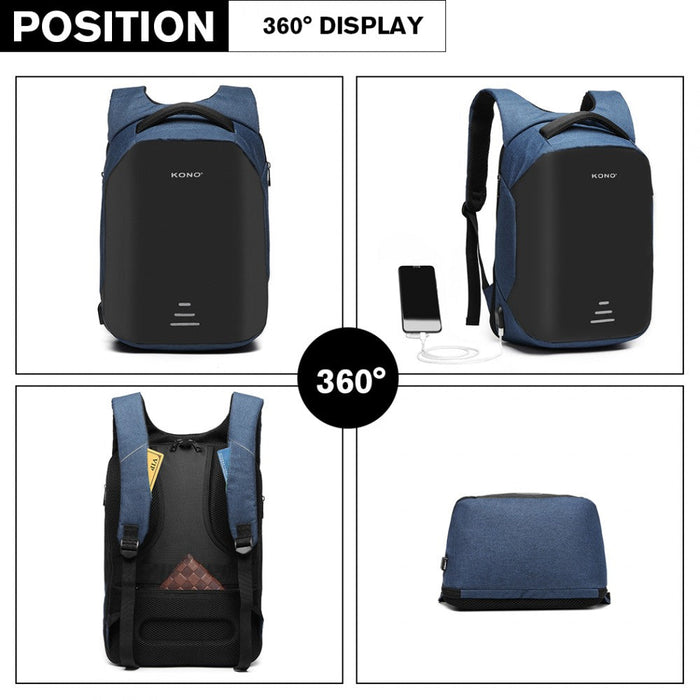 E1946 - Kono Reflective Usb Charging Interface Backpack - Navy - Love Thy Bargains