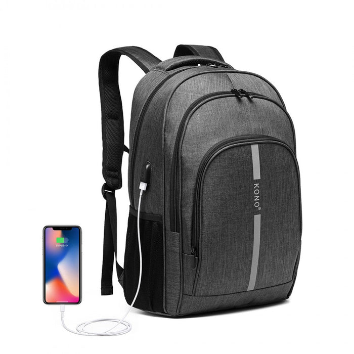 E1972 - Kono Large Backpack With Reflective Stripe And Usb Charging Interface - Grey