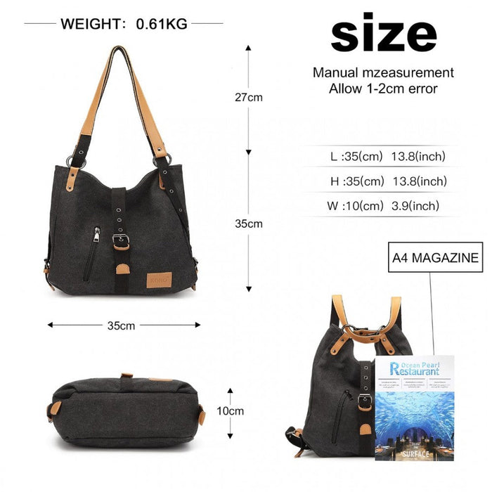 E6850 - Sac à bandoulière et sac à dos Kono Canvas Hobo Slouch - Noir