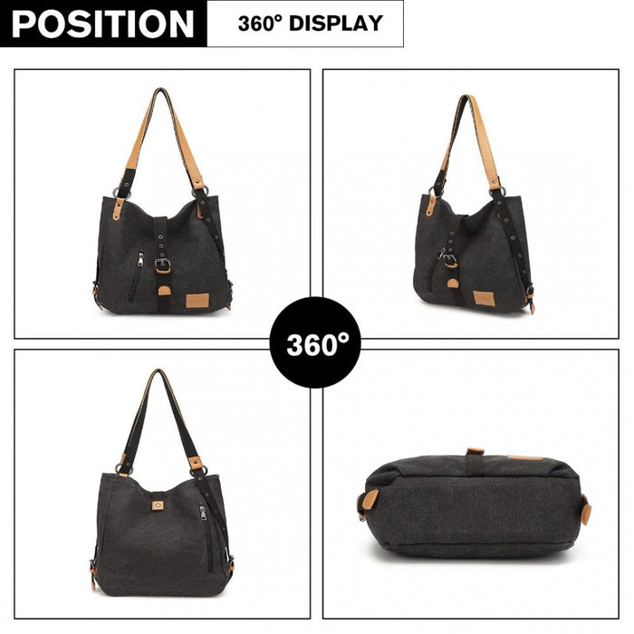 E6850 - Sac à bandoulière et sac à dos Kono Canvas Hobo Slouch - Noir