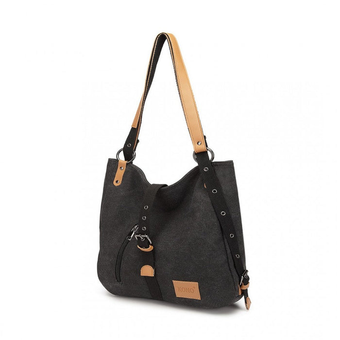 E6850 - Sac à bandoulière et sac à dos Kono Canvas Hobo Slouch - Noir