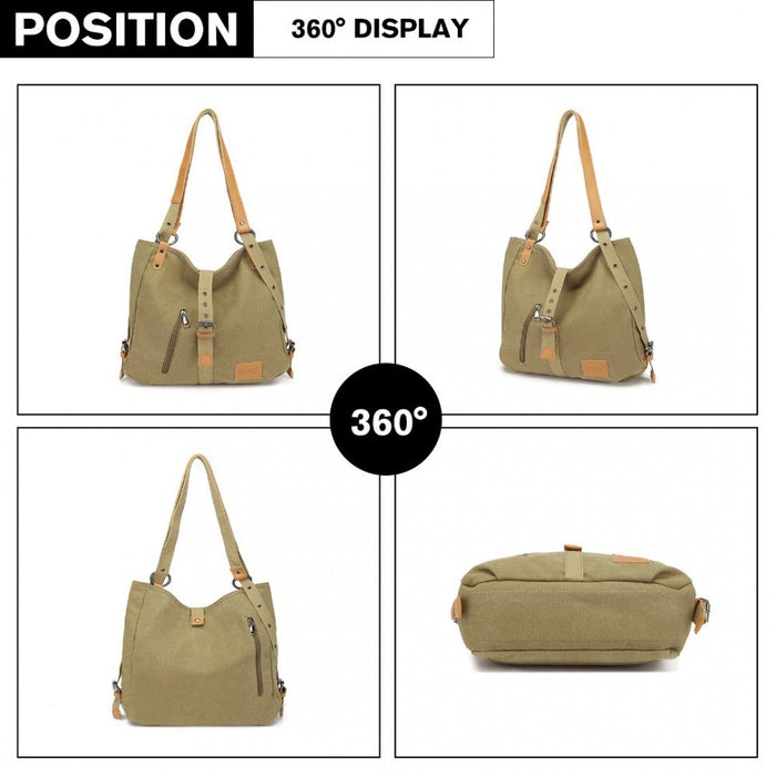 E6850 - Kono Canvas Hobo Slouch Shoulder Bag And Backpack - Khaki - Love Thy Bargains