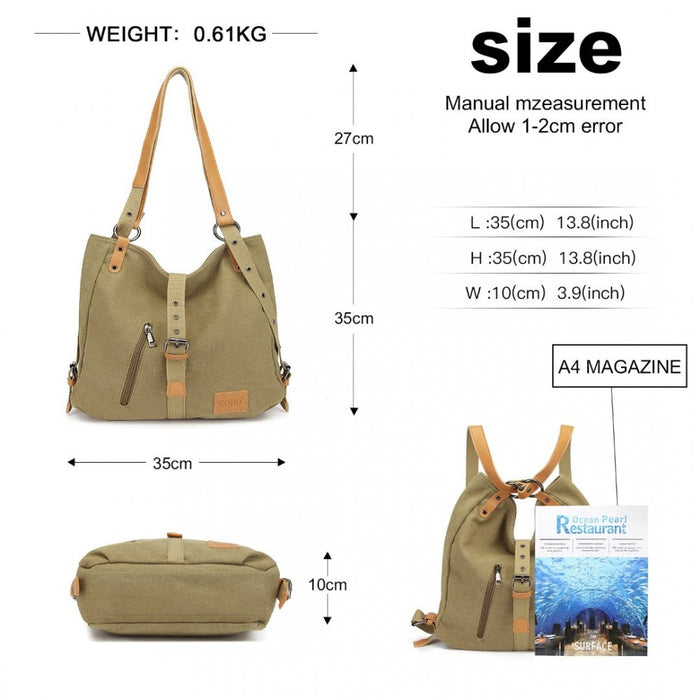 E6850 - Kono Canvas Hobo Slouch Shoulder Bag And Backpack - Khaki