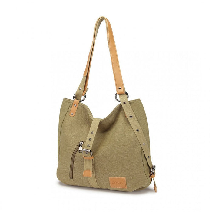 E6850 - Kono Canvas Hobo Slouch Shoulder Bag And Backpack - Khaki - Love Thy Bargains