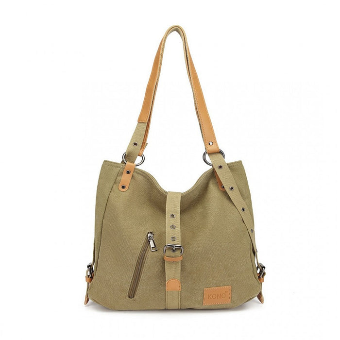 E6850 - Kono Canvas Hobo Slouch Shoulder Bag And Backpack - Khaki