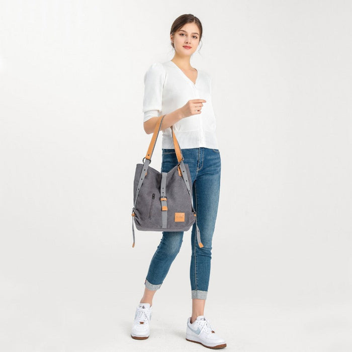 E6850 - Kono Canvas Hobo Slouch Shoulder Bag And Backpack - Khaki - Love Thy Bargains