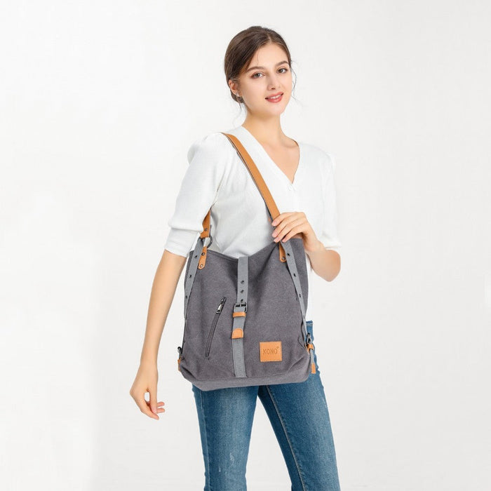 E6850 - Kono Canvas Hobo Slouch Shoulder Bag And Backpack - Khaki - Love Thy Bargains