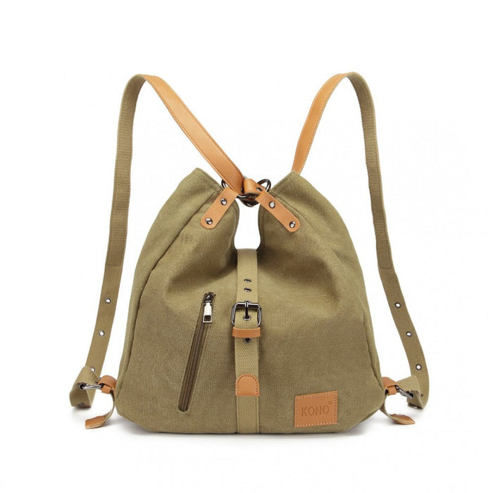 E6850 - Kono Canvas Hobo Slouch Shoulder Bag And Backpack - Khaki