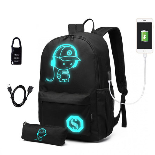 E6879 - Kono Glow In The Dark Waterproof Usb Charging Backpack With Pencil Case - Black - Image 1