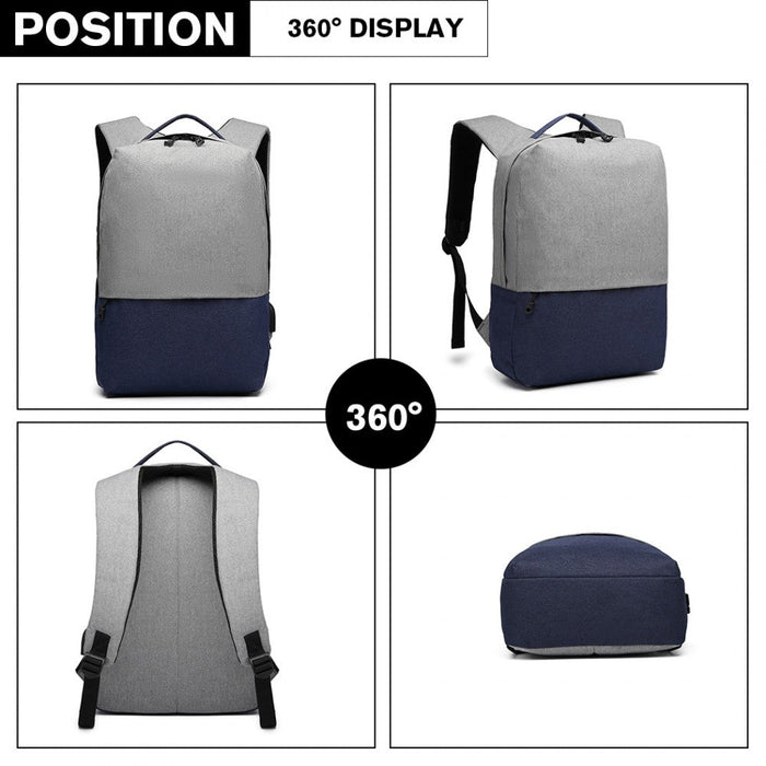 E6891 - Kono Waterproof Basic Backpack With Usb Charging Port - Grey/blue