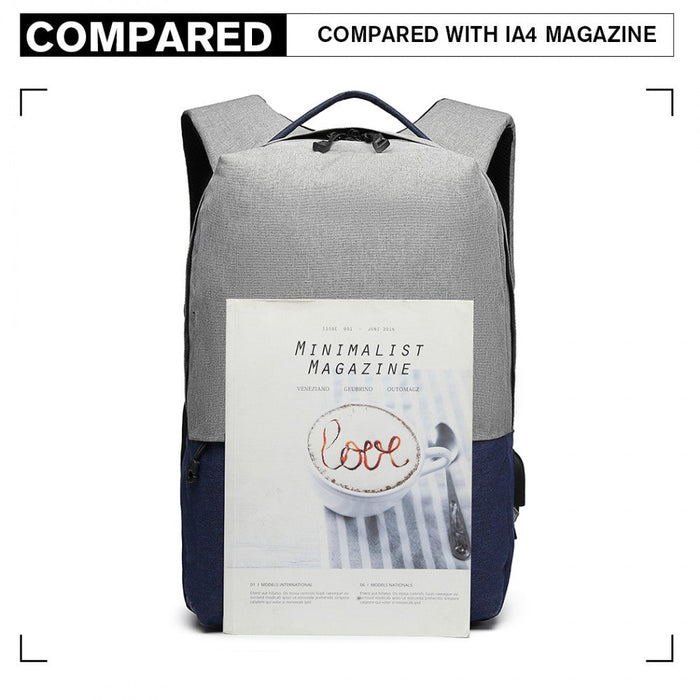 E6891 - Kono Waterproof Basic Backpack With Usb Charging Port - Grey/blue