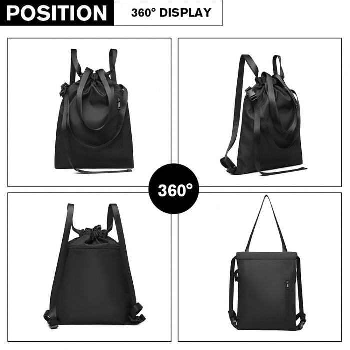 E6912 - Kono Nylon Multi Way Drawstring Backpack Shoulder Bag - Black