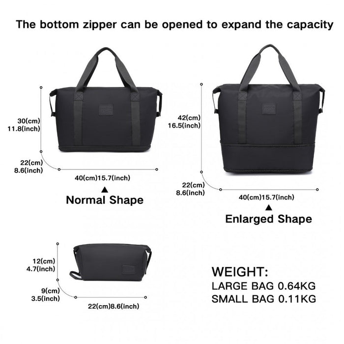 Ea2212 - Kono Two Pieces Expandable Durable Waterproof Travel Duffel Bag Set - Black
