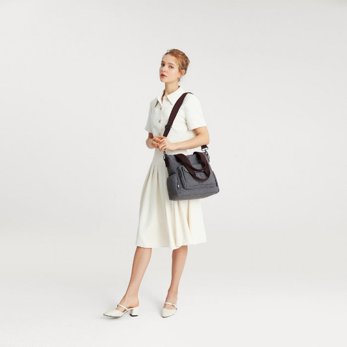 Eb2125 - Kono Large Capacity Multi Compartment Canvas Crossbody Tote Bag - Grey - Image 9