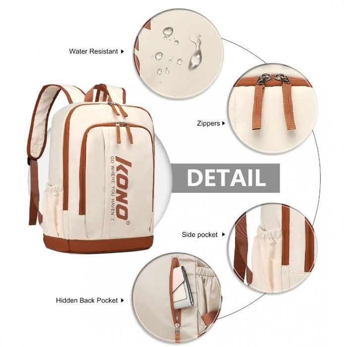 EB2325 - Kono Contrasting Colors Waterproof Casual Backpack With Laptop Compartment - Beige