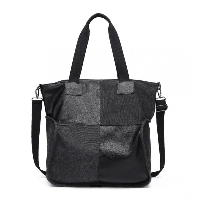 Eh2221 - Kono Paneled Contrast Large Capacity Canvas Shoulder Bag - Black
