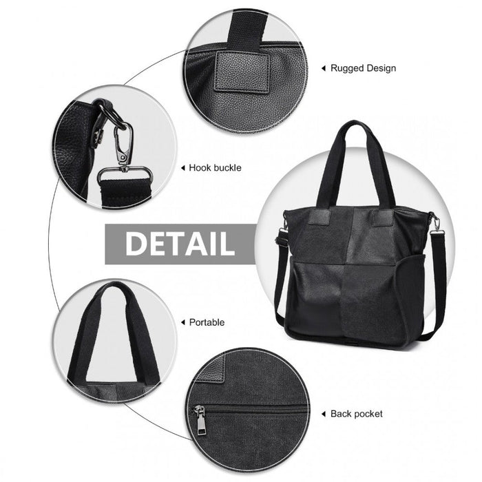 Eh2221 - Kono Paneled Contrast Large Capacity Canvas Shoulder Bag - Black