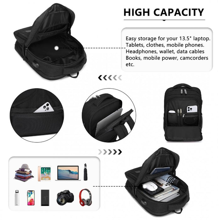 EM2111S - Kono Multi-Compartment Backpack with USB Port - Black