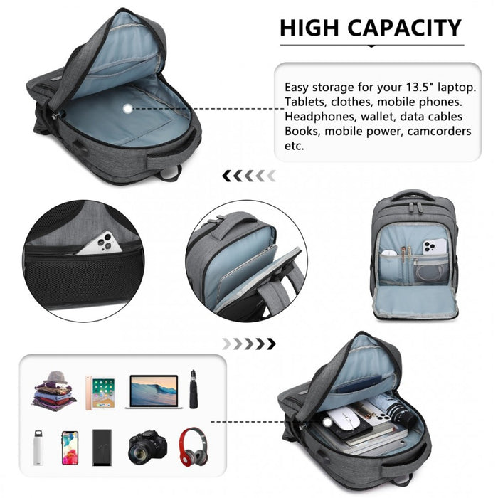 EM2111S - Kono Multi-Compartment Backpack with USB Port - Grey - Love Thy Bargains