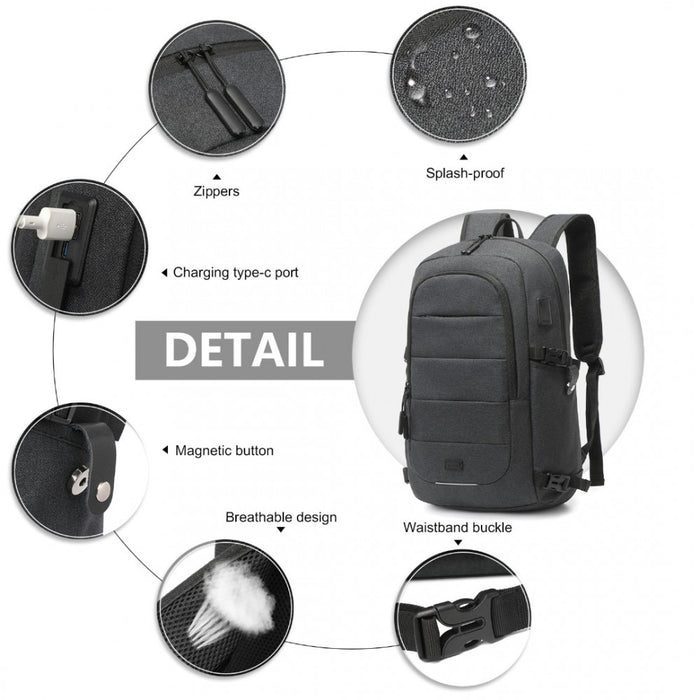 EM2347 - Kono Multi-Compartment Water-Resistant Backpack With USB Charging Port - Black