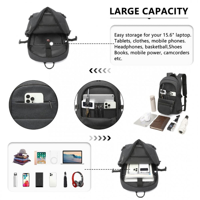 EM2347 - Kono Multi-Compartment Water-Resistant Backpack With USB Charging Port - Black