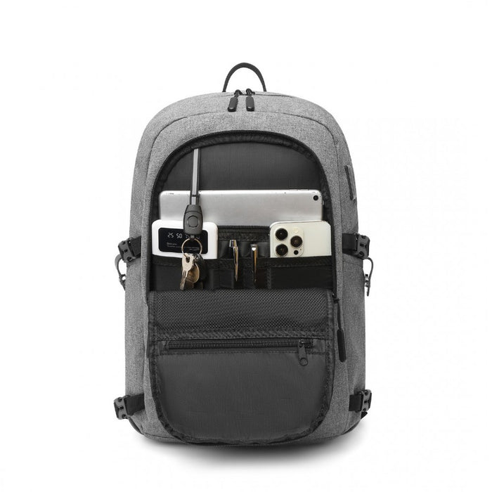 EM2347 - Kono Multi-Compartment Water-Resistant Backpack With USB Charging Port - Grey