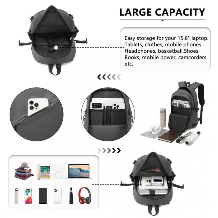 EM2349 - Kono PVC Coated Water-Resistant Tech Backpack With USB Charging Port - Grey - Love Thy Bargains