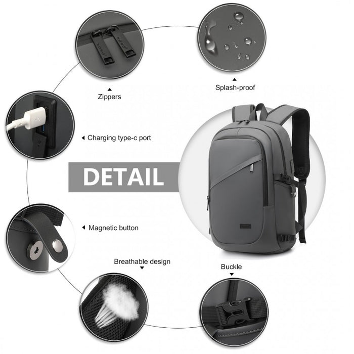 EM2349 - Kono PVC Coated Water-Resistant Tech Backpack With USB Charging Port - Grey