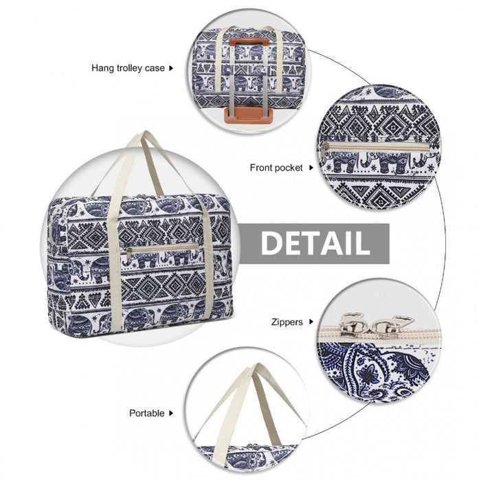 Eq2308e - Kono pliable étanche cabine de rangement sac à main de voyage imprimé éléphant - marine et beige