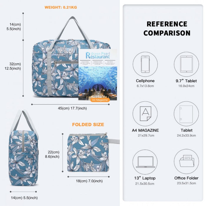 Eq2308f - Kono Foldable Waterproof Storage Cabin Travel Handbag Flower Print - Blue - Image 5
