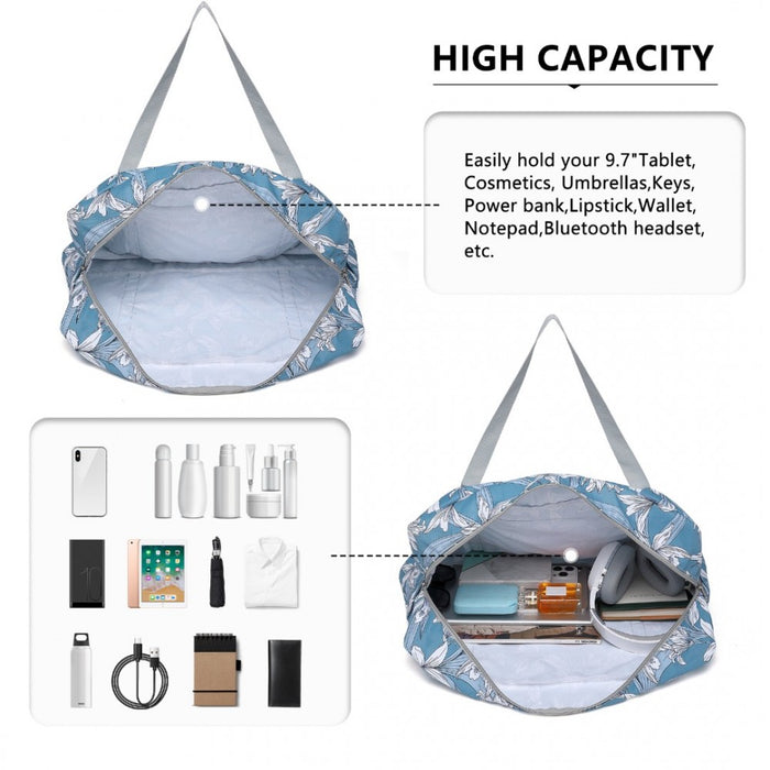Eq2308f - Kono Foldable Waterproof Storage Cabin Travel Handbag Flower Print - Blue - Image 7