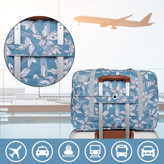 Eq2308f - Kono Foldable Waterproof Storage Cabin Travel Handbag Flower Print - Blue