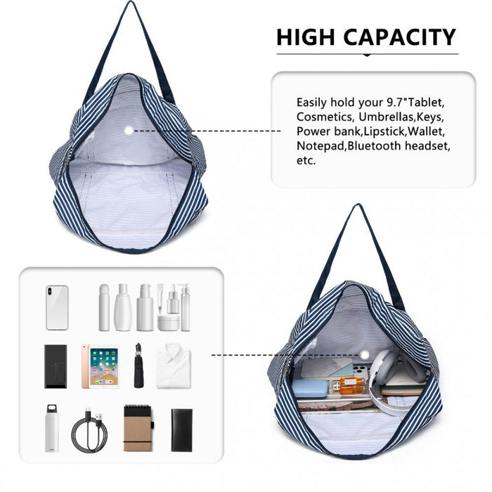 Eq2308s - Kono Foldable Waterproof Storage Cabin Travel Handbag Striped Print - Navy
