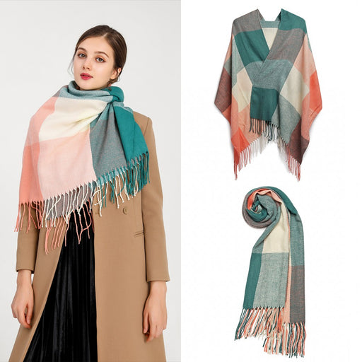 S6430 - Women Fashion Long Shawl Grid Tassel Winter Warm Lattice Large Scarf - Green - Image 1