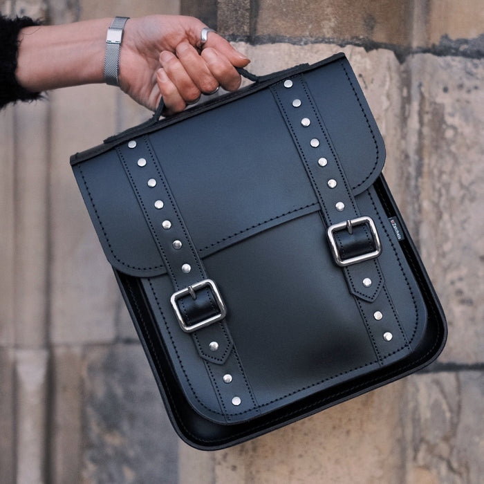 Handmade Leather City Backpack - Black Gothic Studded-6