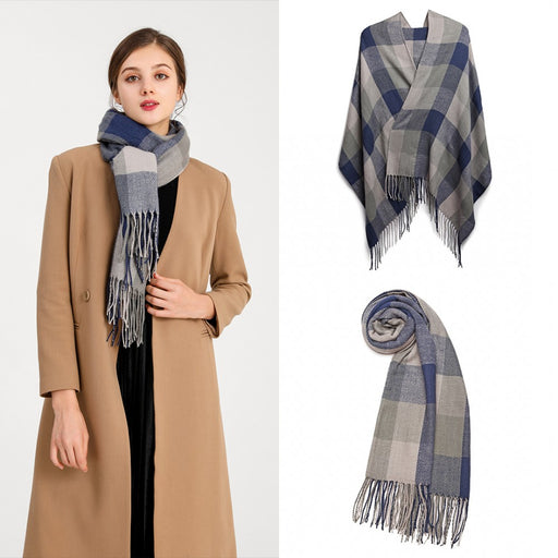 S6430 - Women Fashion Long Shawl Grid Tassel Winter Warm Lattice Large Scarf - Grey - Image 1