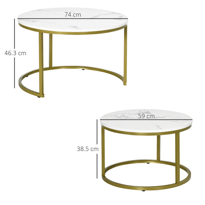 HOMCOM Mesa de Centro Juego de 2, Mesas Nido Redondas con Tablero de Mármol Sintético y Estructura de Metal, Mesas Auxiliares Modernas para Salón, Blanco