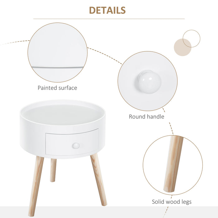 HOMCOM Table basse ronde moderne en bois, table d'appoint pour salon, unité de rangement avec tiroir et pieds en bois – Blanc