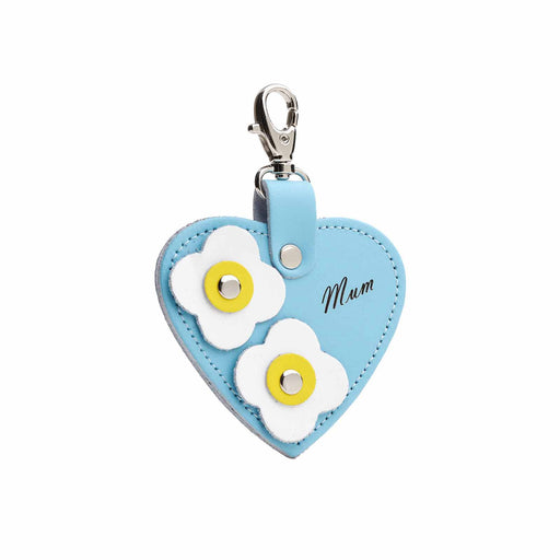 Love heart bag charm - with 'Mum' engraving and flower appliques - Pastel Blue-0