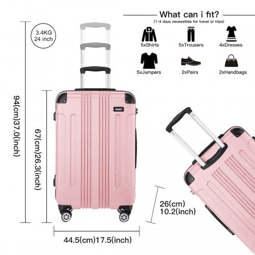 K1777-1L - Kono 24 Inch ABS Lightweight Compact Hard Shell Travel Luggage For Extended Journeys - Pink