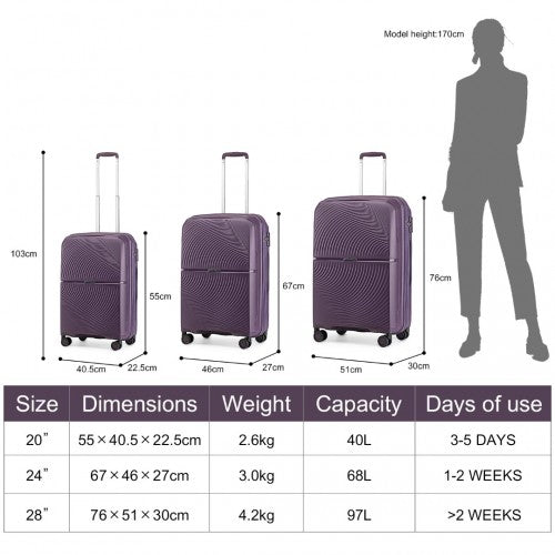 K2393L - British Traveller 3 Pcs Set Spinner Hard Shell PP Suitcase With TSA Lock - Purple