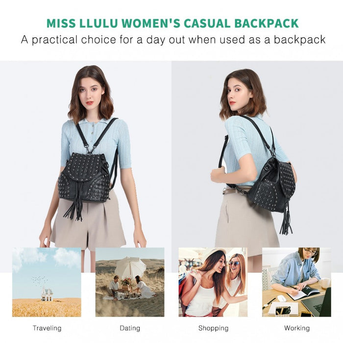 L1414 - Miss Lulu Skull Studded Backpack Shoulder Bag - Black