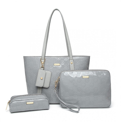 Ld2217 - Miss Lulu 4 Pieces Glossy Leather Tote Bag Set - Grey - Image 1