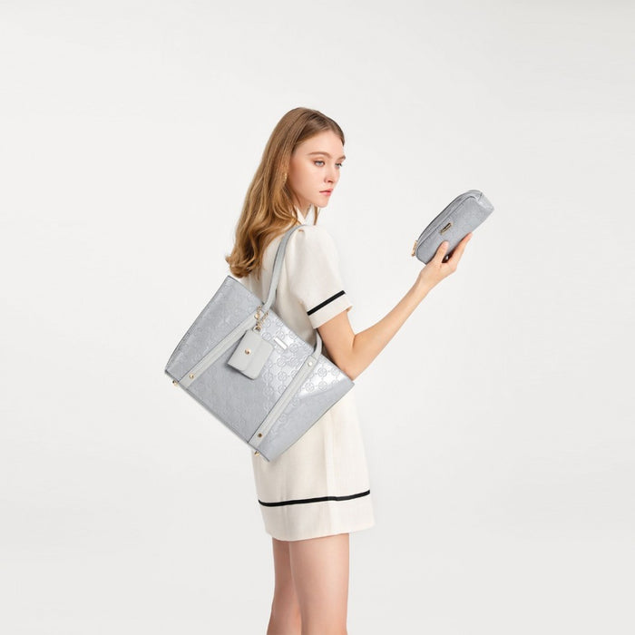 Ld2217 - Miss Lulu 4 Pieces Glossy Leather Tote Bag Set - Grey - Image 12