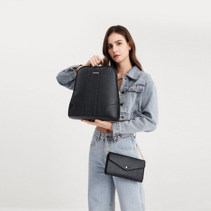 Ld2249 - Miss Lulu 3 Piece Elegant Leather Backpack Set - Black