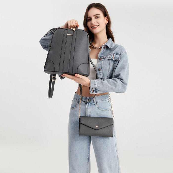 Ld2249 - Miss Lulu 3 Piece Elegant Leather Backpack Set - Grey