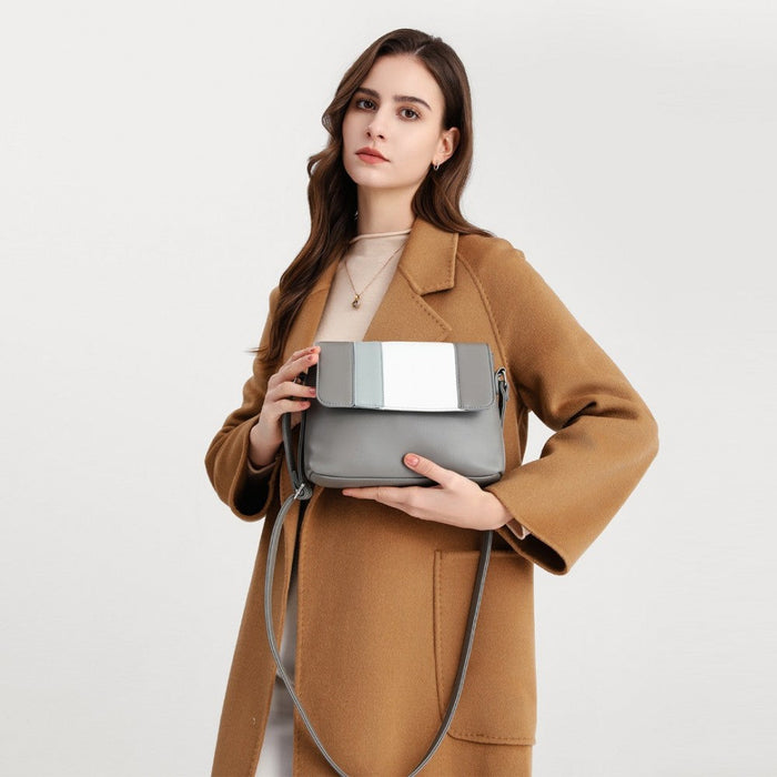 Ld2251 - Miss Lulu Pu Leather Colour Block Shoulder Bag - Grey