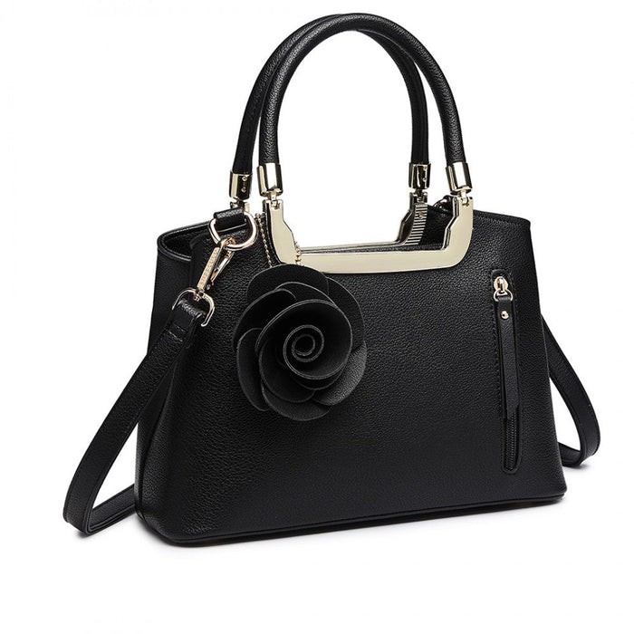Lg1847 - Miss Lulu Pu Leather Rose Hanging Ornament Handbag - Black